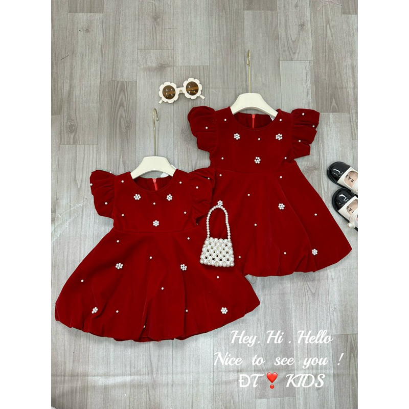 Váy nhung thân bồng đính ngọc bé gái