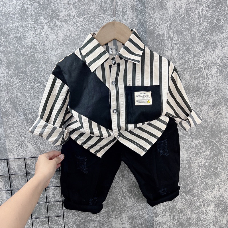 Set sơ mi kẻ đứng phối màu bé trai