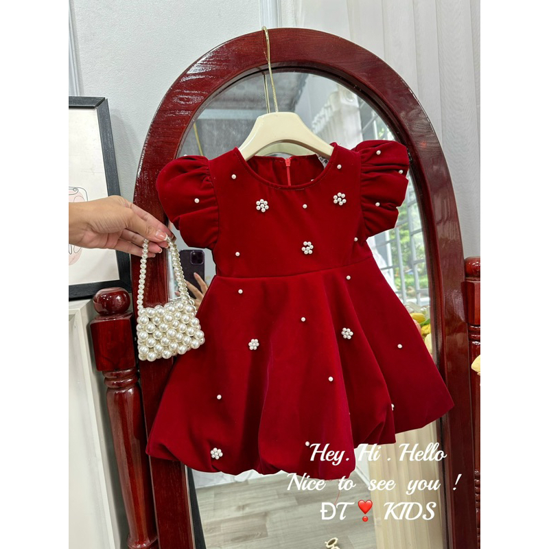 Váy nhung thân bồng đính ngọc bé gái