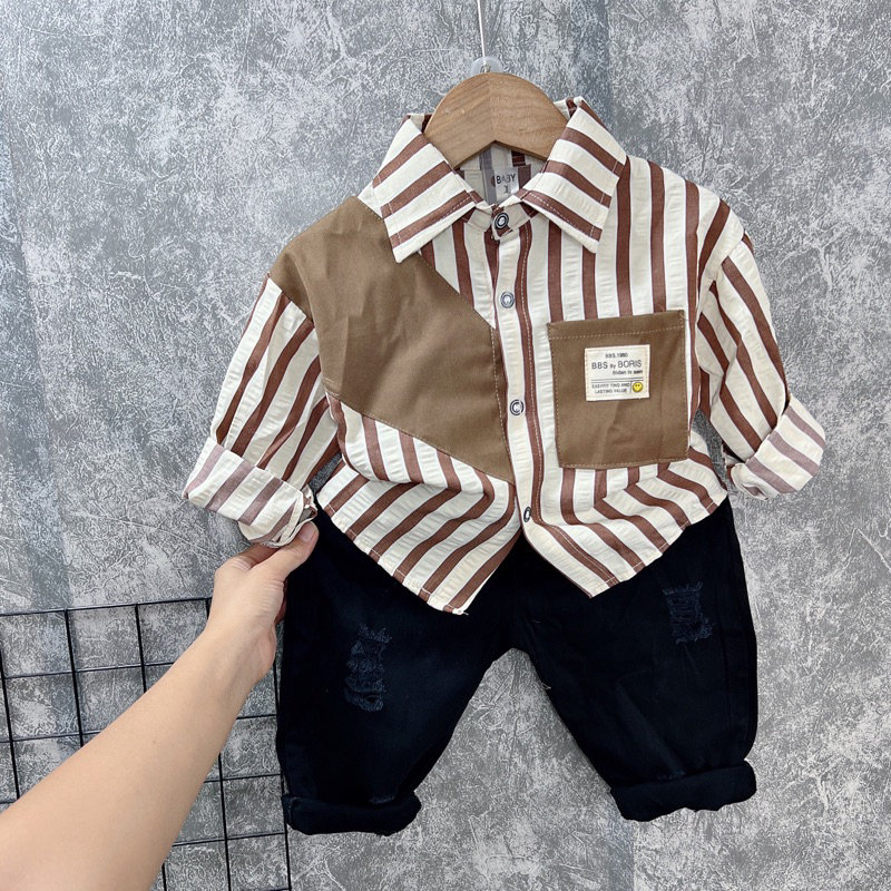 Set sơ mi kẻ đứng phối màu bé trai