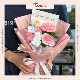 Bó hoa hồng len mix lưu ly, cúc bằng len handmade tặng tốt nghiệp, người yêu - Crochet Teeru's House