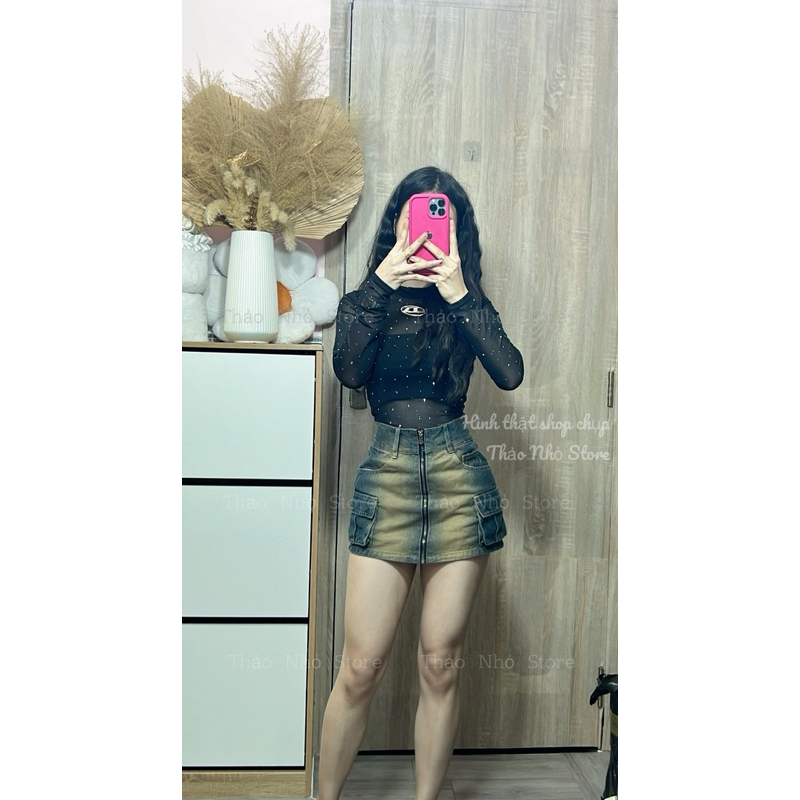 Chân váy jean phong cách màu dơ kéo khoá