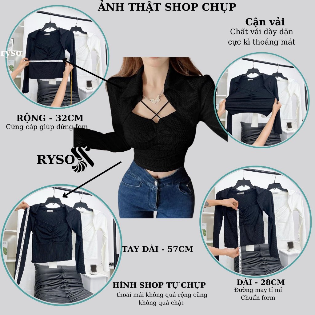 Áo kiểu tay dài cổ kiểu bẻ RYSO FASHION dáng ôm body gợi cảm chất co giản dày dặn