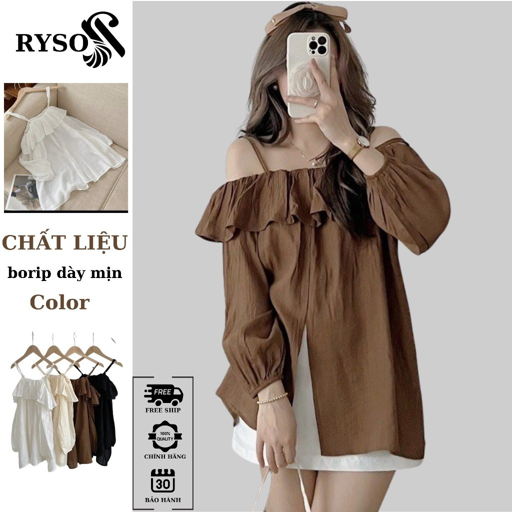 Áo kiểu trễ vai viền bèo xẻ 2 dây RYSO FASHION điều chỉnh bo tay chất đũi đẹp form xinh