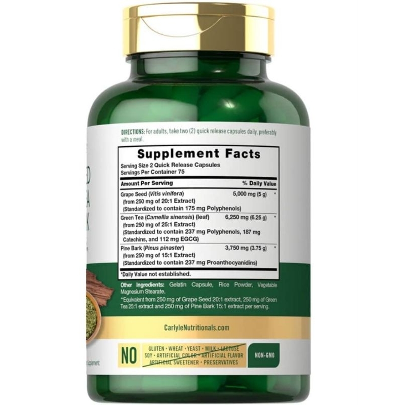 Viên Grapeseed Green Tea, Thông Đỏ Trẻ Hóa, Tăng Tuần Hoàn Máu, Tăng Collagen, Ngừa Ung Bưóu, Bổ Thận Carlyle