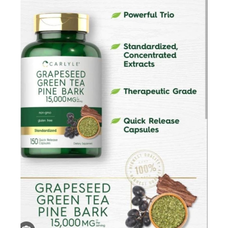 Viên Grapeseed Green Tea, Thông Đỏ Trẻ Hóa, Tăng Tuần Hoàn Máu, Tăng Collagen, Ngừa Ung Bưóu, Bổ Thận Carlyle