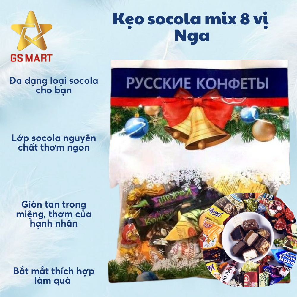 Kẹo Socola Nga Mix 8 Vị Nguyên Chất Gói 450gr hàng Nga Chính Hãng