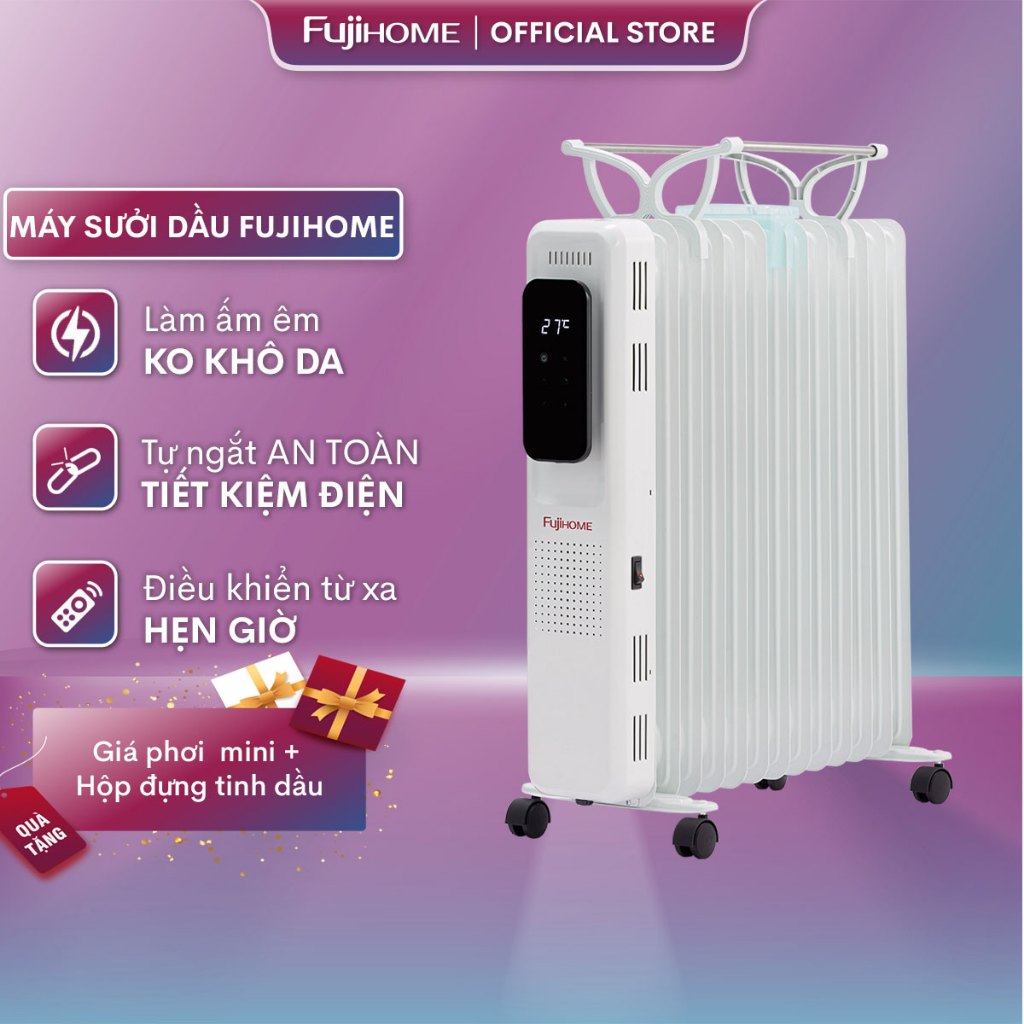 Máy sưởi dầu Nhật Bản nhâp khẩu không khô da Fujihome 13 thanh sưởi điều khiển từ xa, tự ngắt an toàn tiết kiệm điện