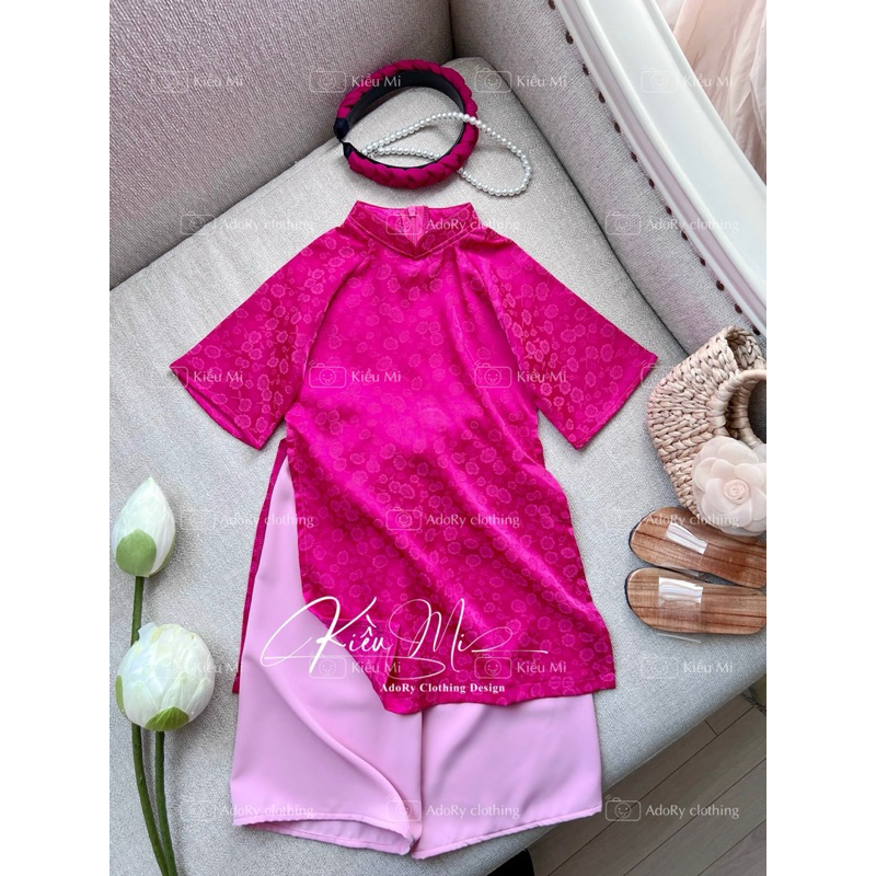 Áo dài gấm hồng hai da cho bé 8-40kg