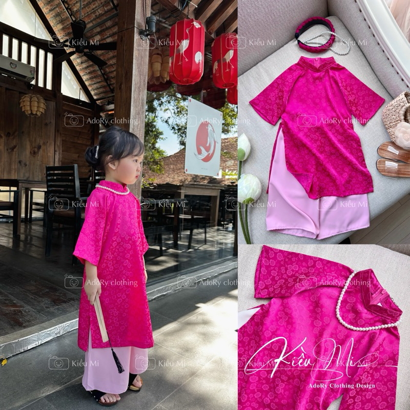 Áo dài gấm hồng hai da cho bé 8-40kg