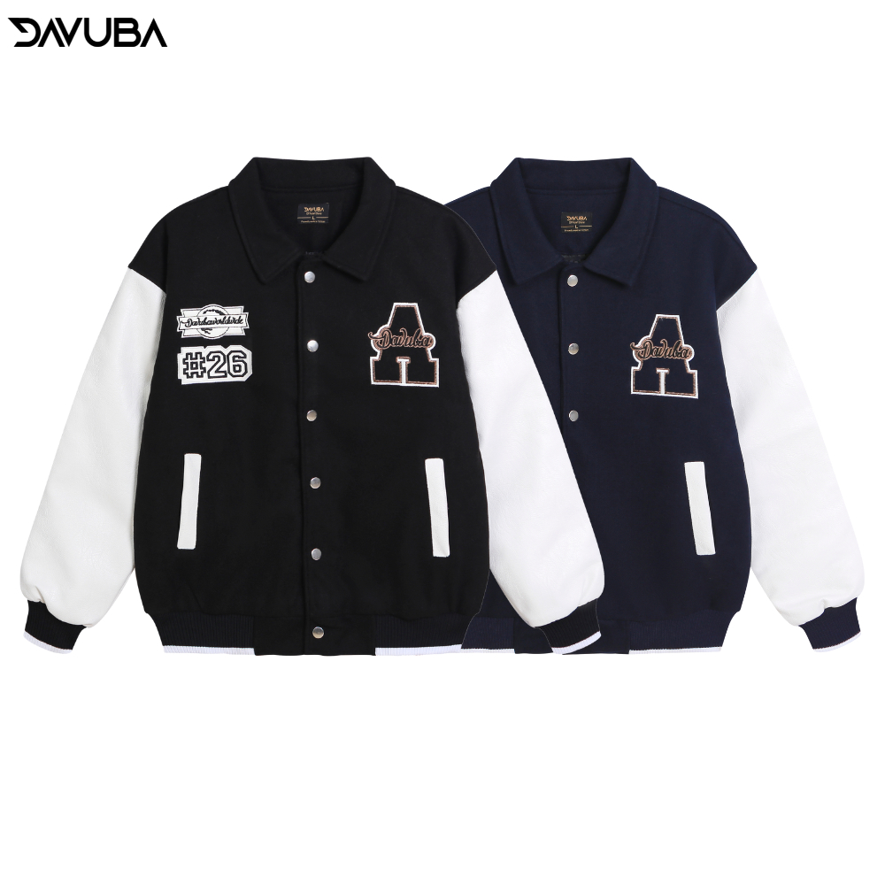 Áo khoác varsity DAVUBA dạ trần bông ba lớp pha tay da SM050