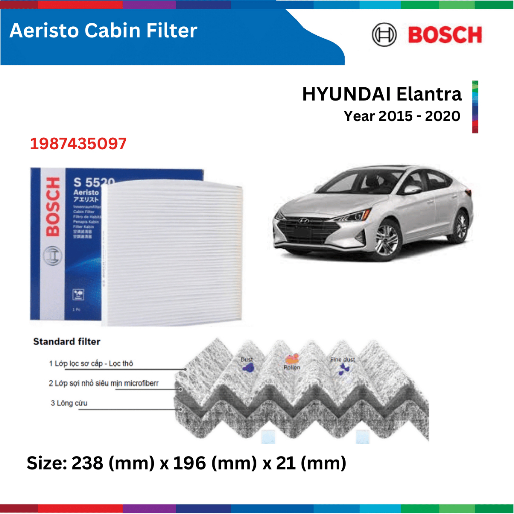 Lọc gió điều hòa BOSCH Aeristo 1987435097, HYUNDAI Elantra đời xe 2015 đến 2020, lọc gió Elantra