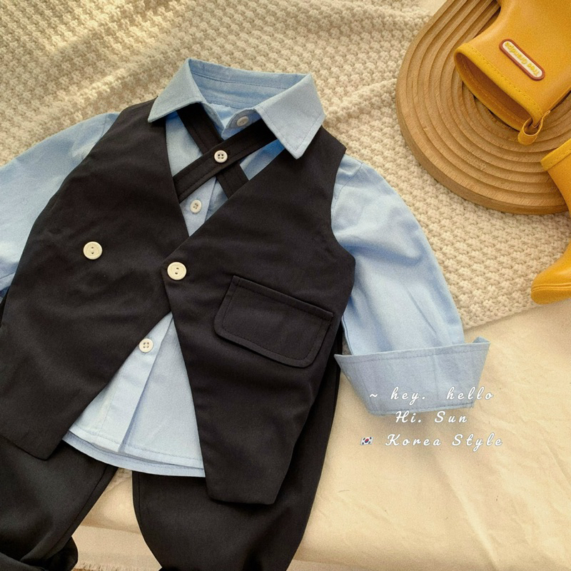 Set 3 chi tiết áo sơmi xanh - áo gile và quần chuần soái ca nhà Hisun cho bé trai size từ 12-45 cân