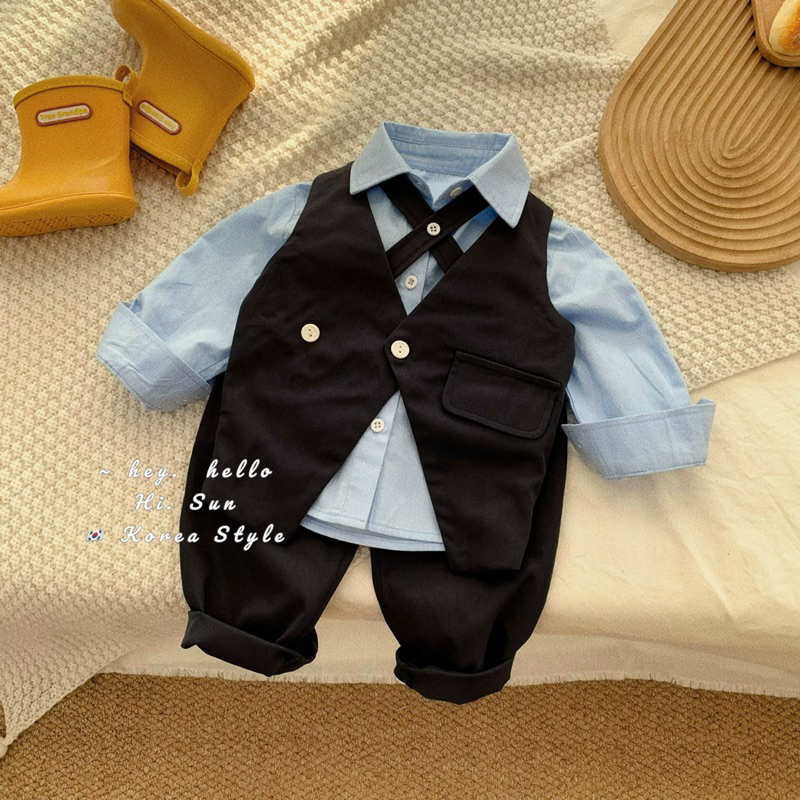 Set 3 chi tiết áo sơmi xanh - áo gile và quần chuần soái ca nhà Hisun cho bé trai size từ 12-45 cân