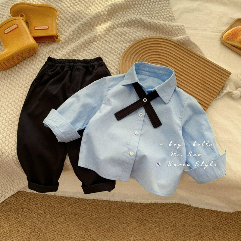Set 3 chi tiết áo sơmi xanh - áo gile và quần chuần soái ca nhà Hisun cho bé trai size từ 12-45 cân
