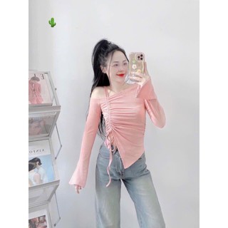 Áo thun gân nữ tay ống looe dây rút 1 bên vạt  nhọn xéo trẻ trung, năng động PC