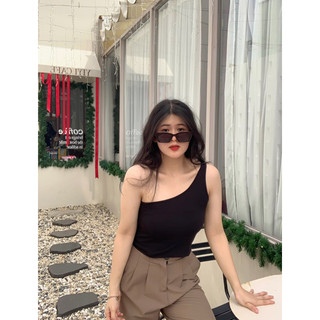 Áo croptop lệch vai trơn gân hàn co giãn thoải