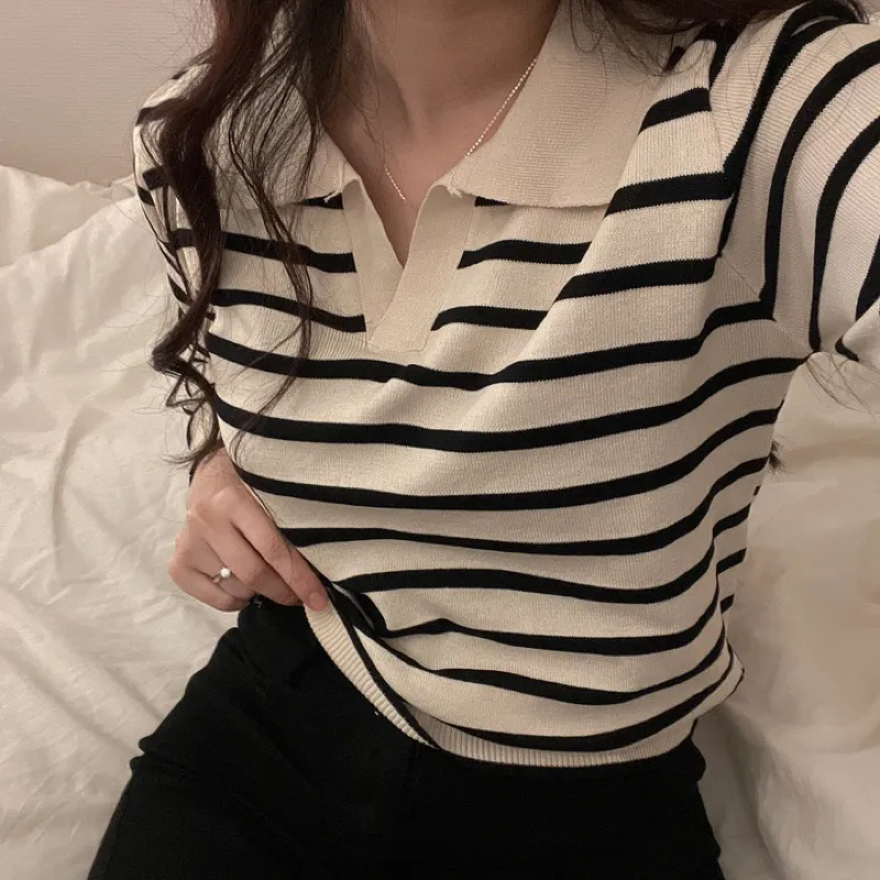 ÁoPolo  - ngắn tay họa tiết kẻ sọc phong cách Hàn Quốc thời trang mùa hè cho nữ