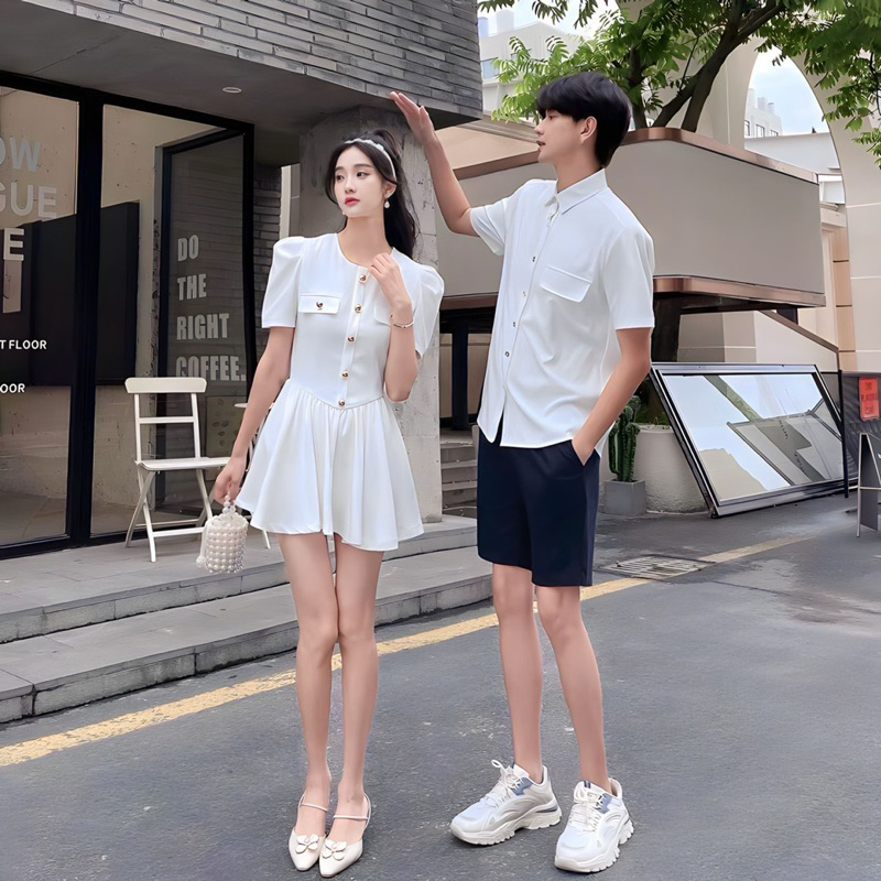 ( kèm hình thật) ❤️ Đồ đôi màu trắng , Set couple trắng phối nút 🌈 phù hợp chụp hình cưới du lịch...