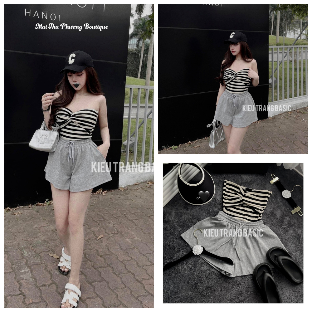 Set Bộ Đồ Nữ Áo Quây Croptop Kẻ Gạo Nhún Ngực Mix Quần Sooc Đùi Ống Rộng Freesize Mẫu Nơ. TP92