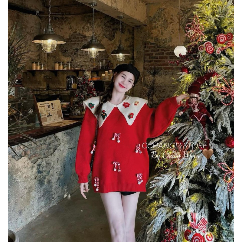 Áo Len Giáng Sinh Nữ , Áo Len Noel Cổ Bèo Đính Cherry Dễ Thương Phong Cách Hàn Quốc Siêu Xinh Cho Nữ
