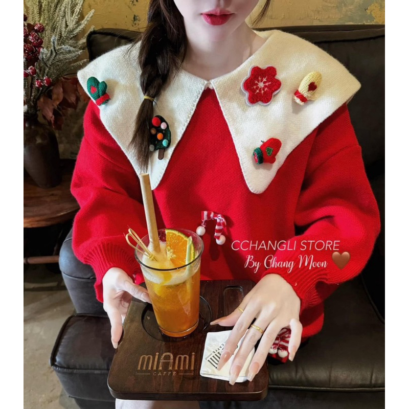 Áo Len Giáng Sinh Nữ , Áo Len Noel Cổ Bèo Đính Cherry Dễ Thương Phong Cách Hàn Quốc Siêu Xinh Cho Nữ