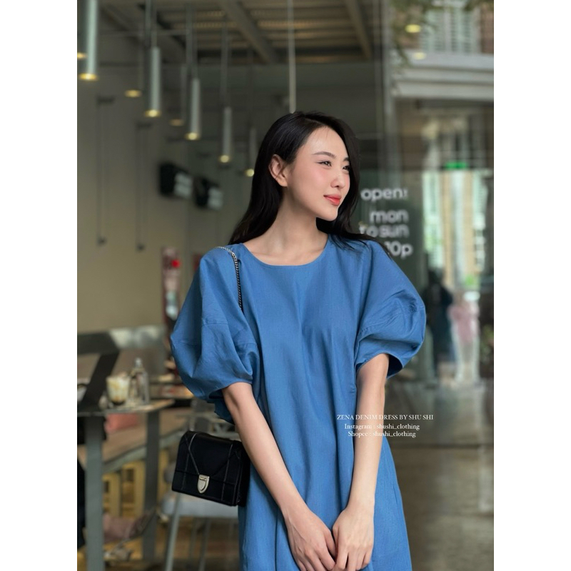 𝐙𝐞𝐧𝐚 𝐃𝐞𝐧𝐢𝐦 𝐃𝐫𝐞𝐬𝐬 - Đầm Xuông Denim Tay Bồng