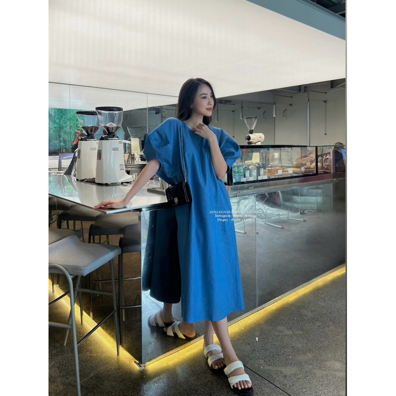 𝐙𝐞𝐧𝐚 𝐃𝐞𝐧𝐢𝐦 𝐃𝐫𝐞𝐬𝐬 - Đầm Xuông Denim Tay Bồng