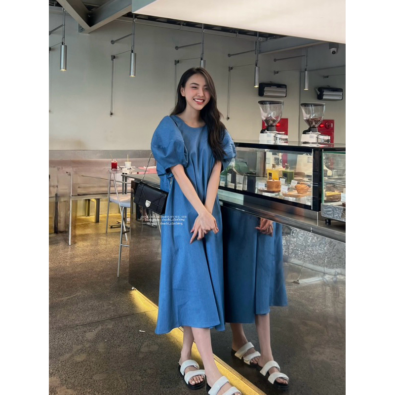 𝐙𝐞𝐧𝐚 𝐃𝐞𝐧𝐢𝐦 𝐃𝐫𝐞𝐬𝐬 - Đầm Xuông Denim Tay Bồng