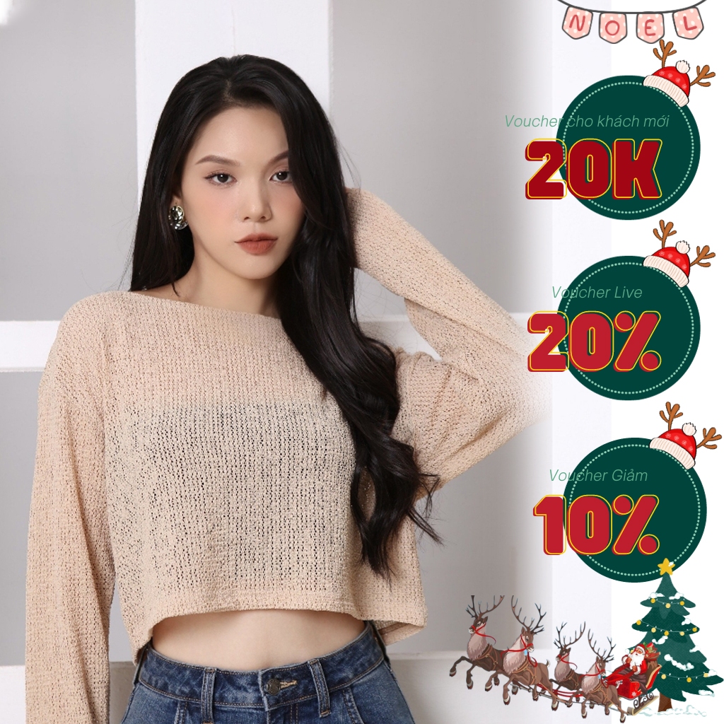 Áo lưới croptop tay dài dáng rộng chất liệu len xốp siêu cá tính AT19, CTWOMEN