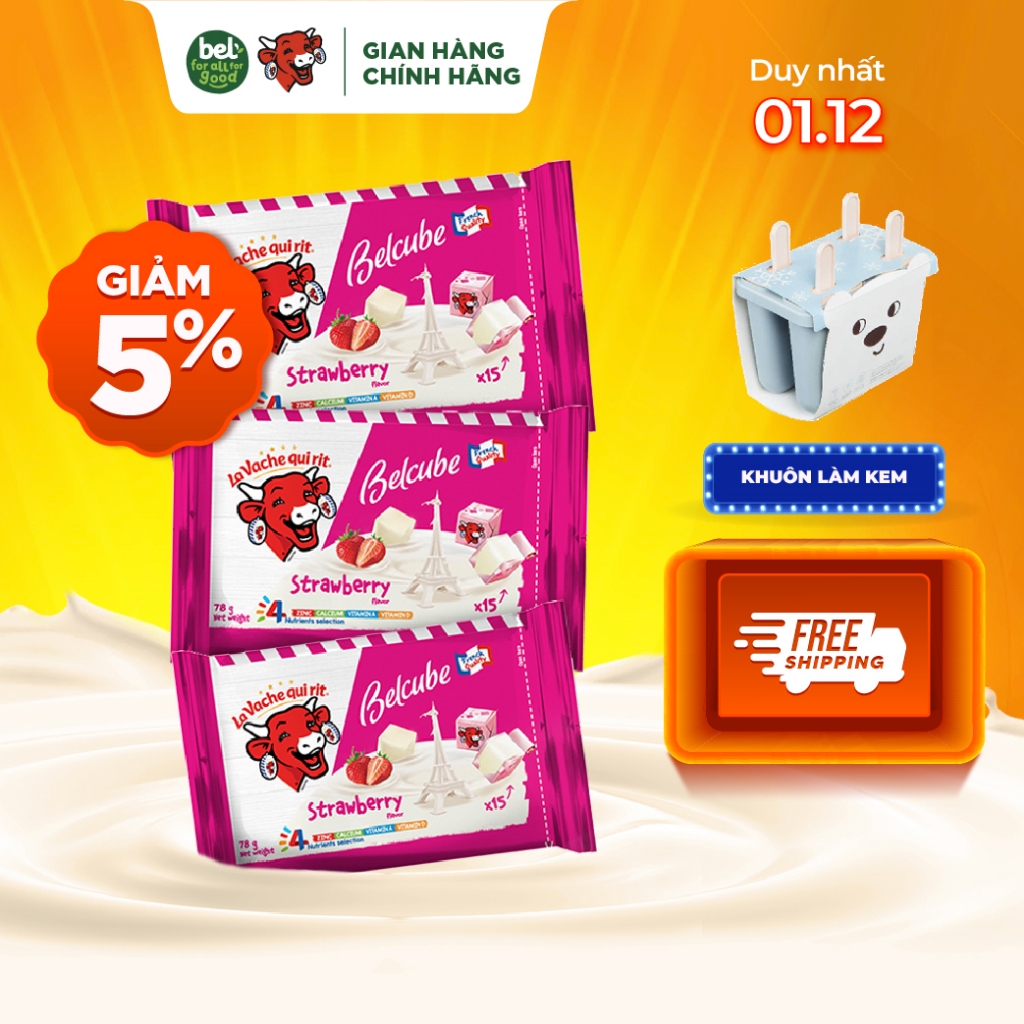 Combo 3 gói Phô Mai Vuông Belcube Vị Dâu (15 viên) Hỗ Trợ Hệ Miễn Dịch