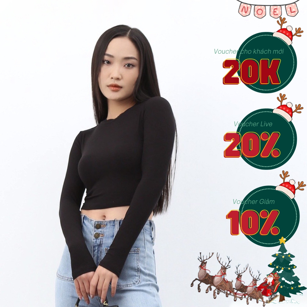 Áo croptop tay dài - Áo thun tay dài kiểu trơn cổ tròn dáng ôm AT20, CTWOMEN