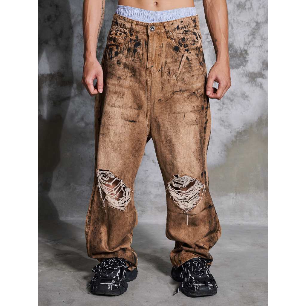 DIRTY COATING BAGGY JEANS ( CUSTOM VER )-QUẦN BAGGY JEANS WASH ĐEN DƠ CUSTOM RÁCH ( NÂU VÀNG )