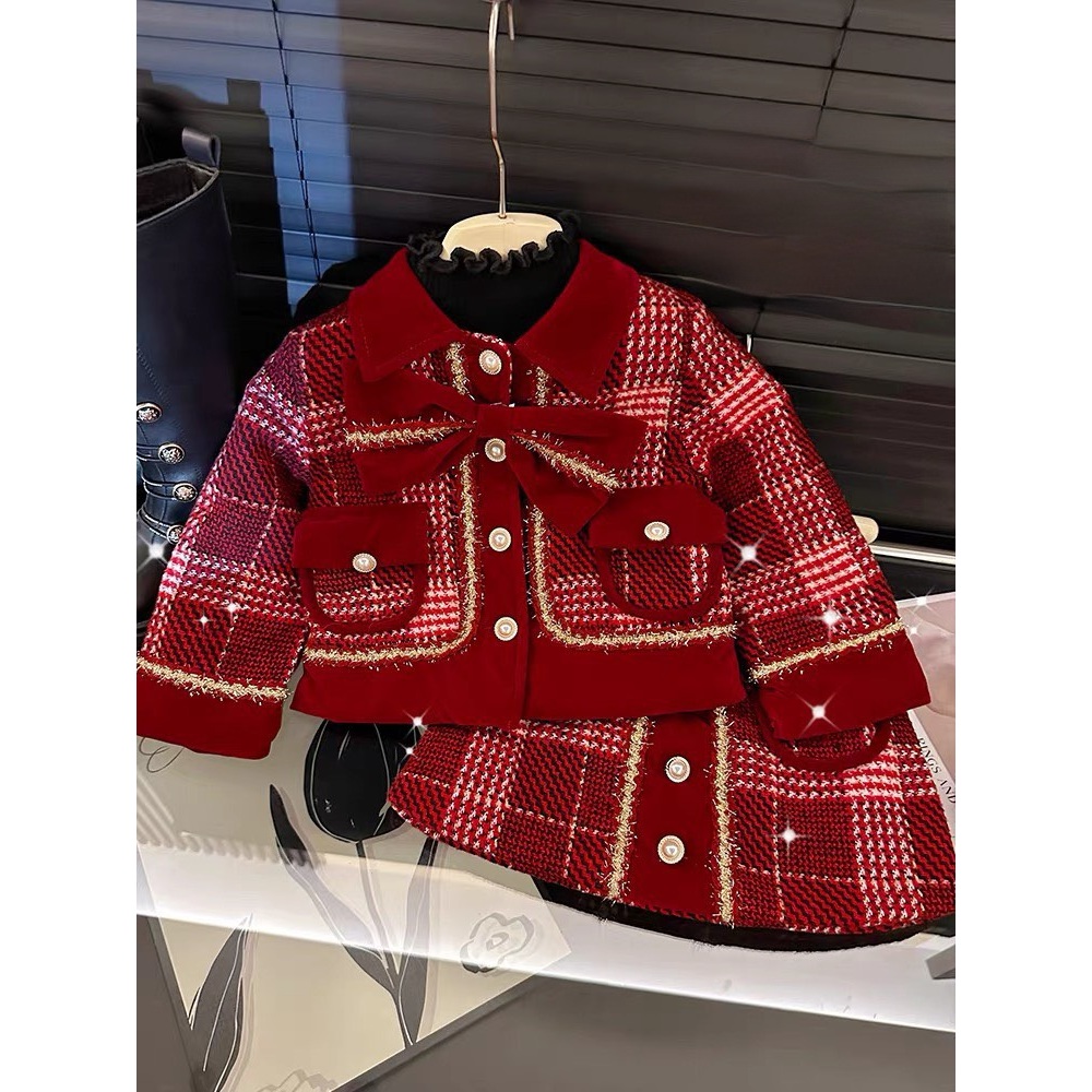 Set Dạ Đỏ cao cấp bá gái hàng QC, Set váy dạ Tweed bé gái mặc tết