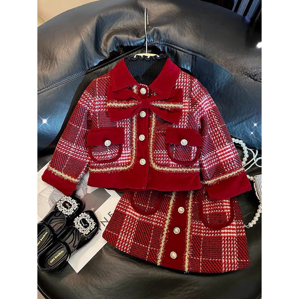 Set Dạ Đỏ cao cấp bá gái hàng QC, Set váy dạ Tweed bé gái mặc tết