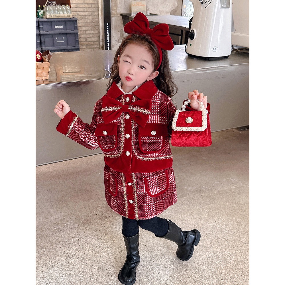 Set Dạ Đỏ cao cấp bá gái hàng QC, Set váy dạ Tweed bé gái mặc tết