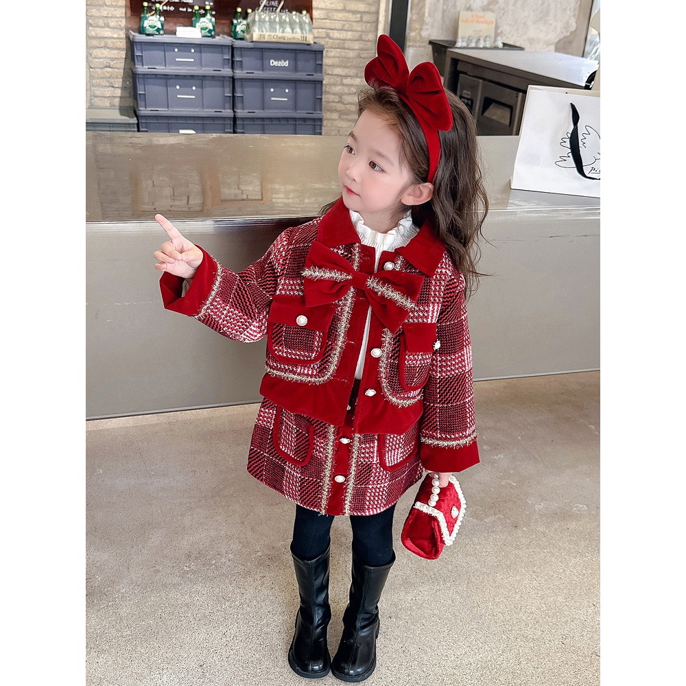 Set Dạ Đỏ cao cấp bá gái hàng QC, Set váy dạ Tweed bé gái mặc tết