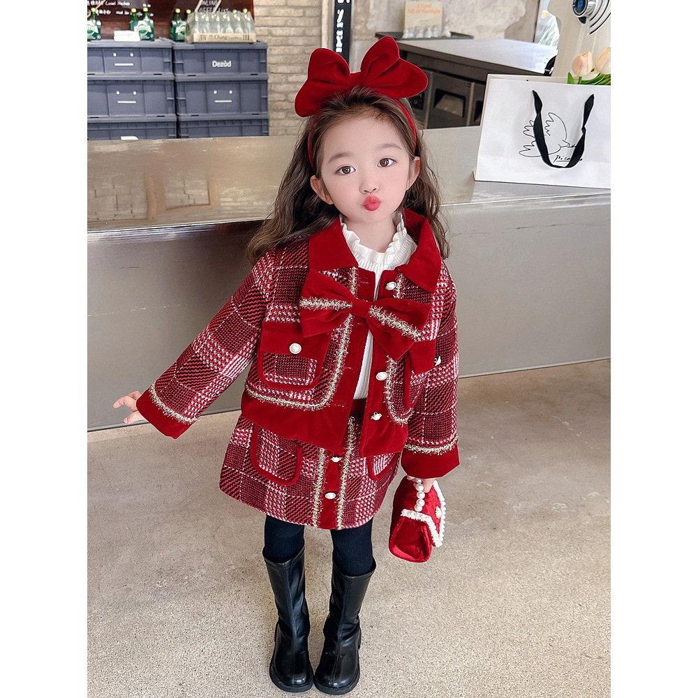 Set Dạ Đỏ cao cấp bá gái hàng QC, Set váy dạ Tweed bé gái mặc tết