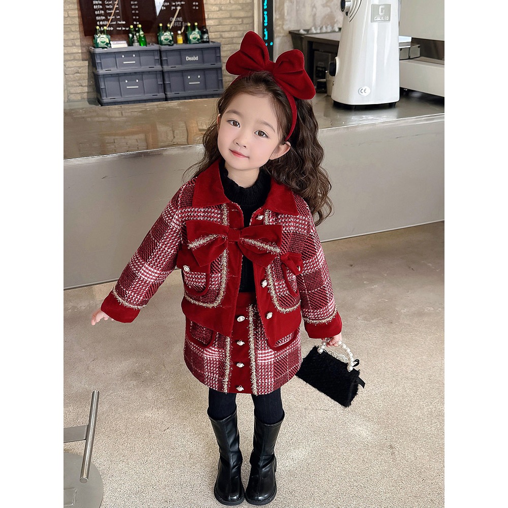 Set Dạ Đỏ cao cấp bá gái hàng QC, Set váy dạ Tweed bé gái mặc tết