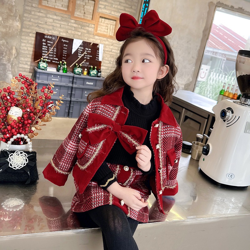 Set Dạ Đỏ cao cấp bá gái hàng QC, Set váy dạ Tweed bé gái mặc tết