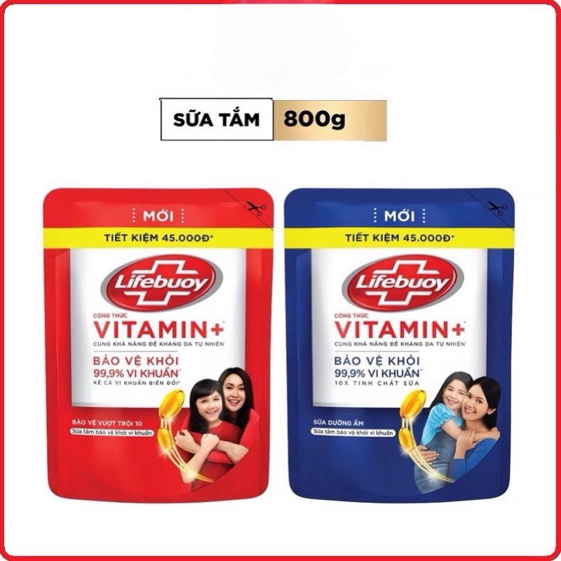 Sữa tắm Lifebuoy Chăm sóc da / bảo vệ vượt trội công thức Vitamin+ túi 800g