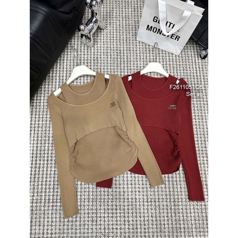 Set áo len croptop trễ vai phối áo thun sát nách cá tính VIENS STORE