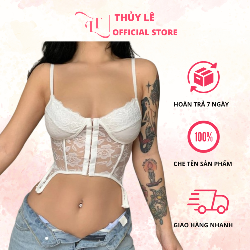 Áo Bra Áo Corset Cài Trước 2 Dây Xuyên Thấu Đan Dây Lưng Có Đệm Ngực Phong Cách Châu Âu Cho Nữ