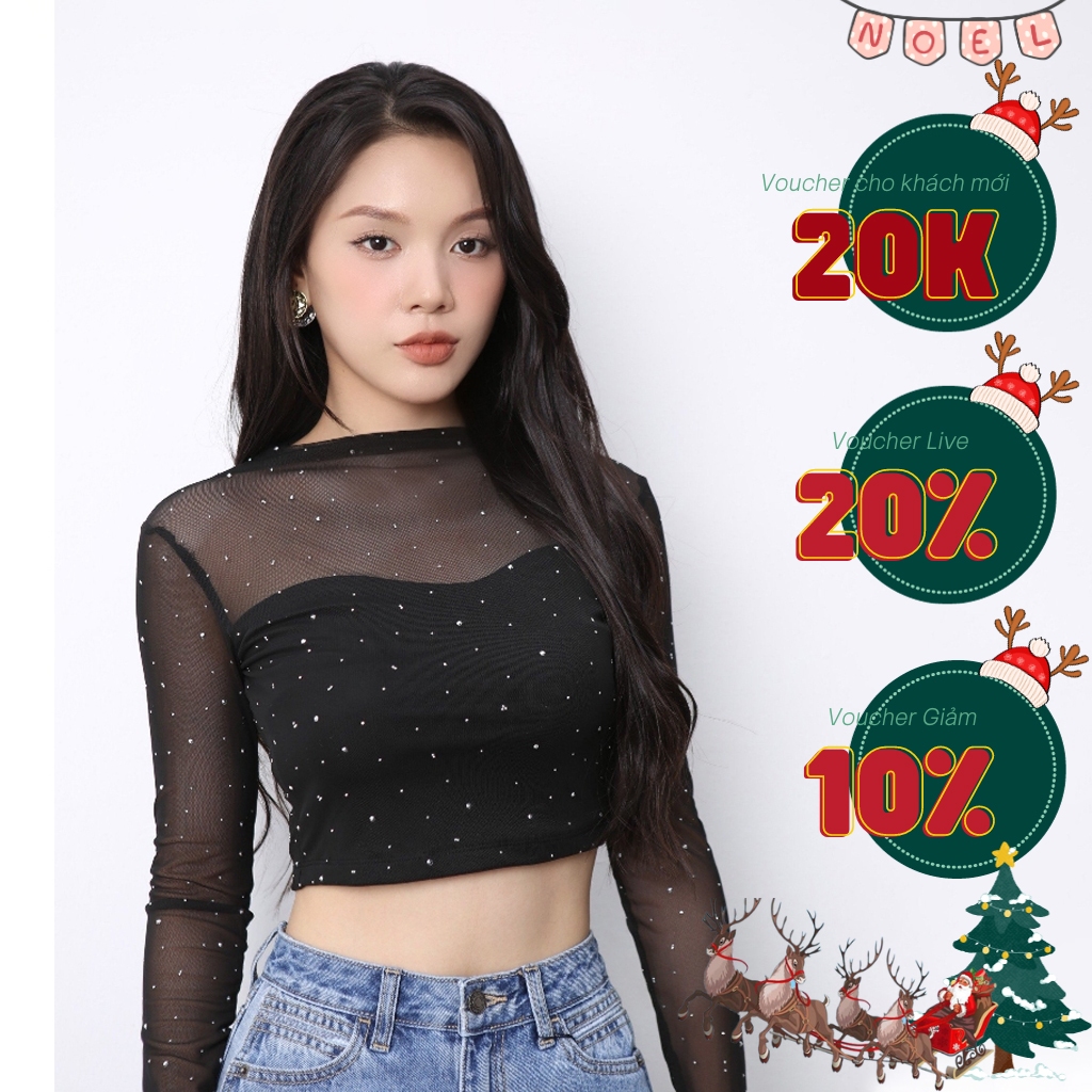 Áo Croptop Nữ, Áo Kiểu Nữ Đính Đá Chất Liệu Lưới Co Giãn Siêu Sang Chảnh Sành Điệu, CTWOMEN