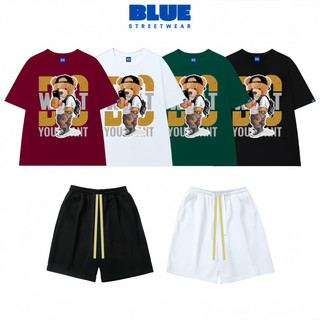 Bộ Đồ Nam Gồm Quần Short Và Áo Thun Cotton Form Rộng Gấu What Blue Streetwear SET29