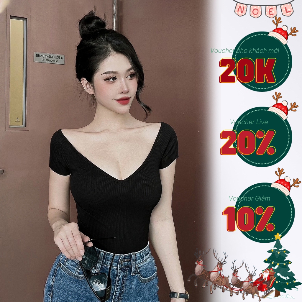 Áo thun nữ cộc tay cổ V khoét sâu ôm sát chất liệu cotton cao cấp phong cách trẻ trung quyến rũ CTWOMEN