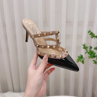 Giày sục cao gót quai đinh da bóng gót 8cm