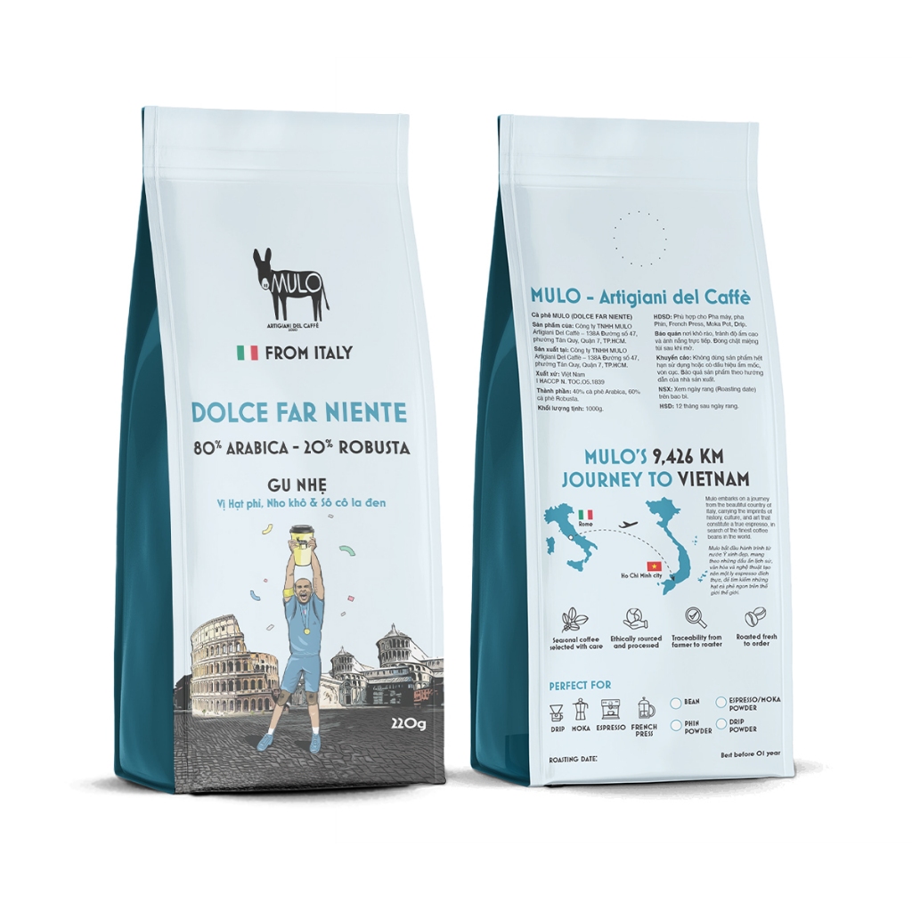 Cà phê Gu Nhẹ DOLCE FAR NIENTE nguyên chất 220g , MULO Coffee - Hương vị thanh nhẹ, ngọt hậu