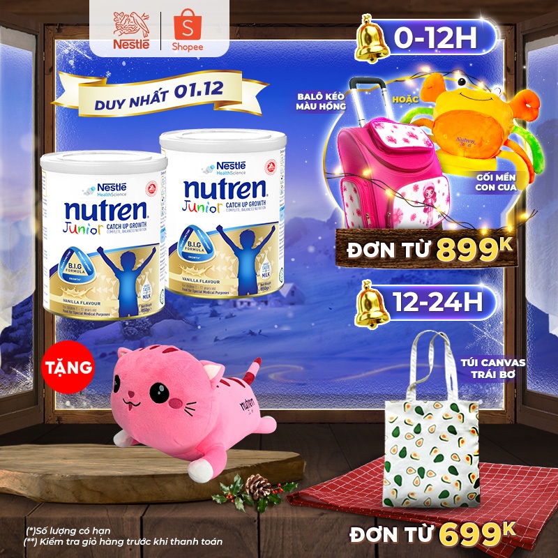 [MỚI][Tặng gối ôm mèo hồng] Combo 2 lon sữa bột Nutren Junior cho trẻ từ 1-12 tuổi 850g/lon