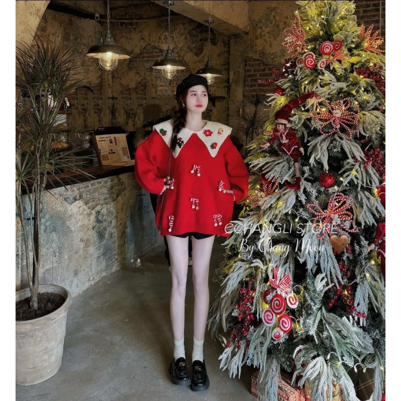 Áo Len Giáng Sinh Nữ , Áo Len Noel Cổ Bèo Đính Cherry Dễ Thương Phong Cách Hàn Quốc Siêu Xinh Cho Nữ